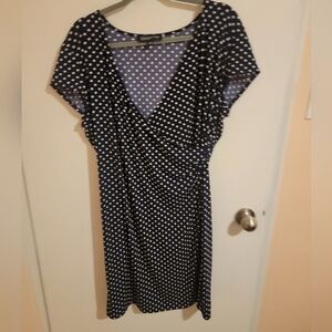 Jones New York Signature Womens Size XL Polka-dot Dress Navy & White Vneck